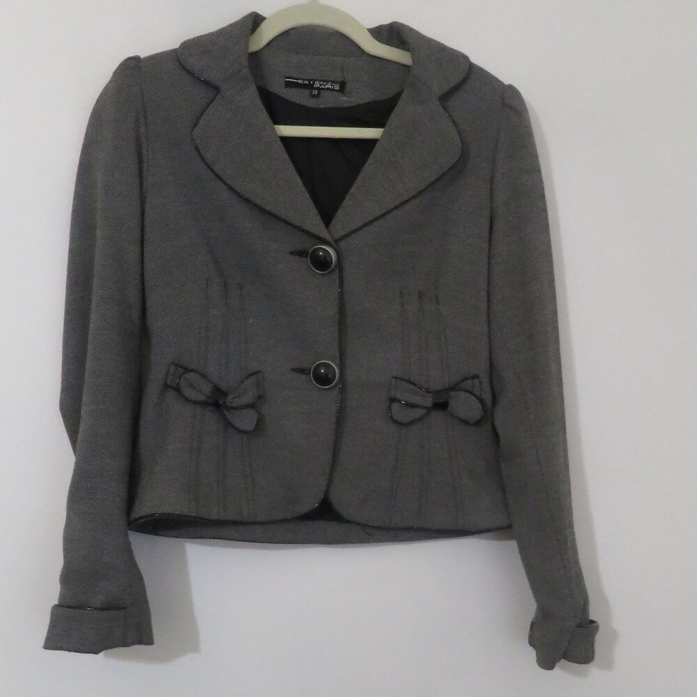 Like New Extenzo Paris European Designer Leather Trimmed Blazer with Bows Detail